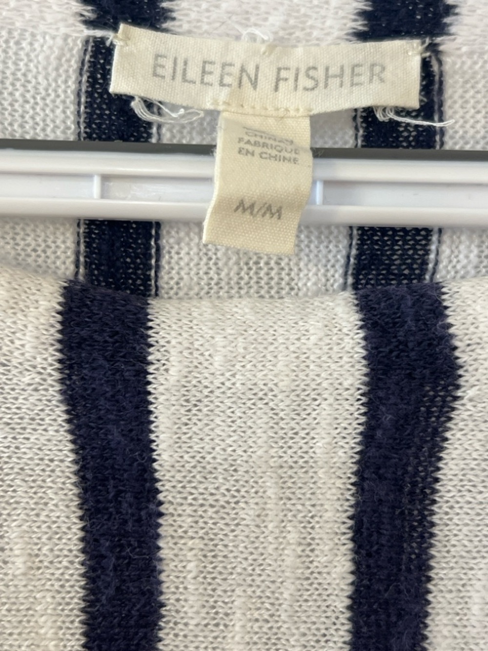 Eileen Fisher Organic Linen Cotton Striped Sweater M Navy Cream Button Shoulder - Picture 2 of 5
